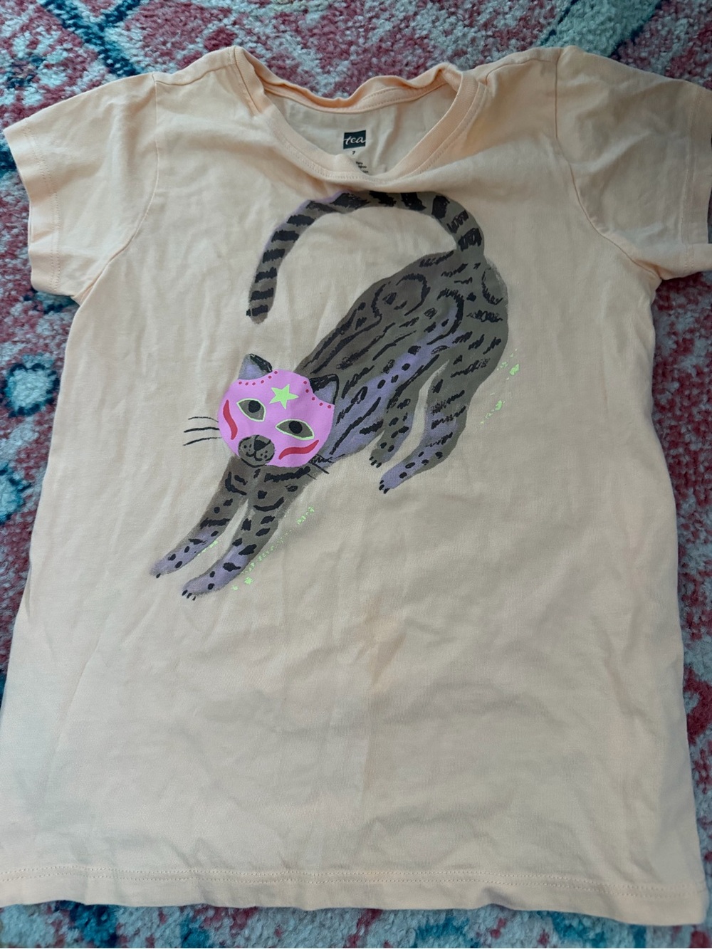 Tea Collection Peach Tee with Pink Masked Cat Graphic